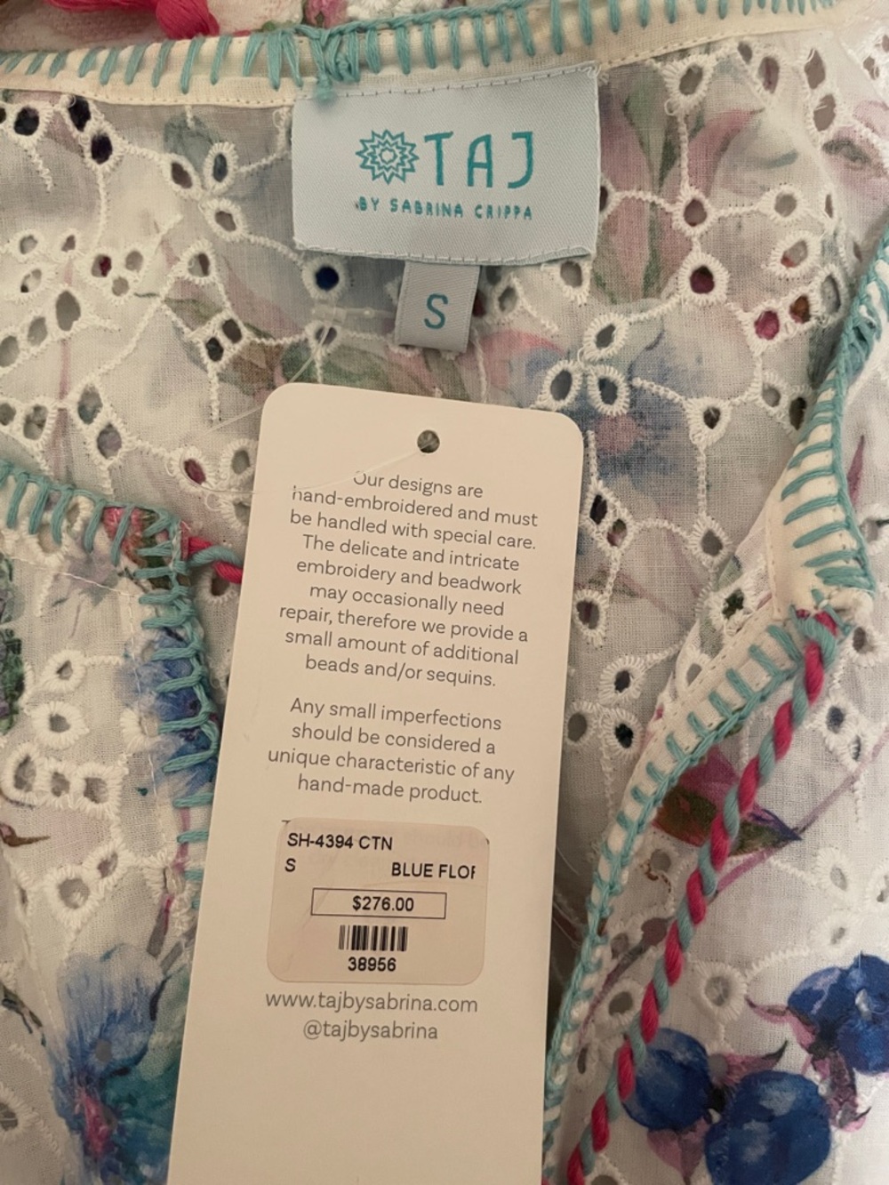 New Taj by Sabrina Blue Floral Eyelet Tassel Top size Small - Picture 6 of 7